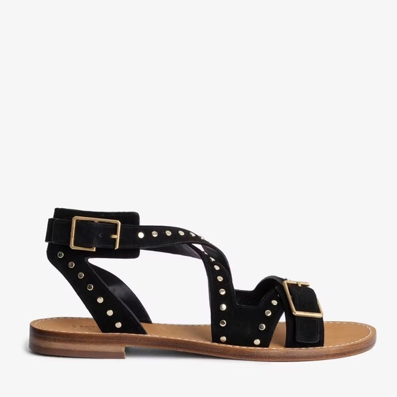 NIB Zadig & Voltaire Cecilia Studs Caprese Sandals Black Suede Strappy Sz 41 - Picture 2 of 16
